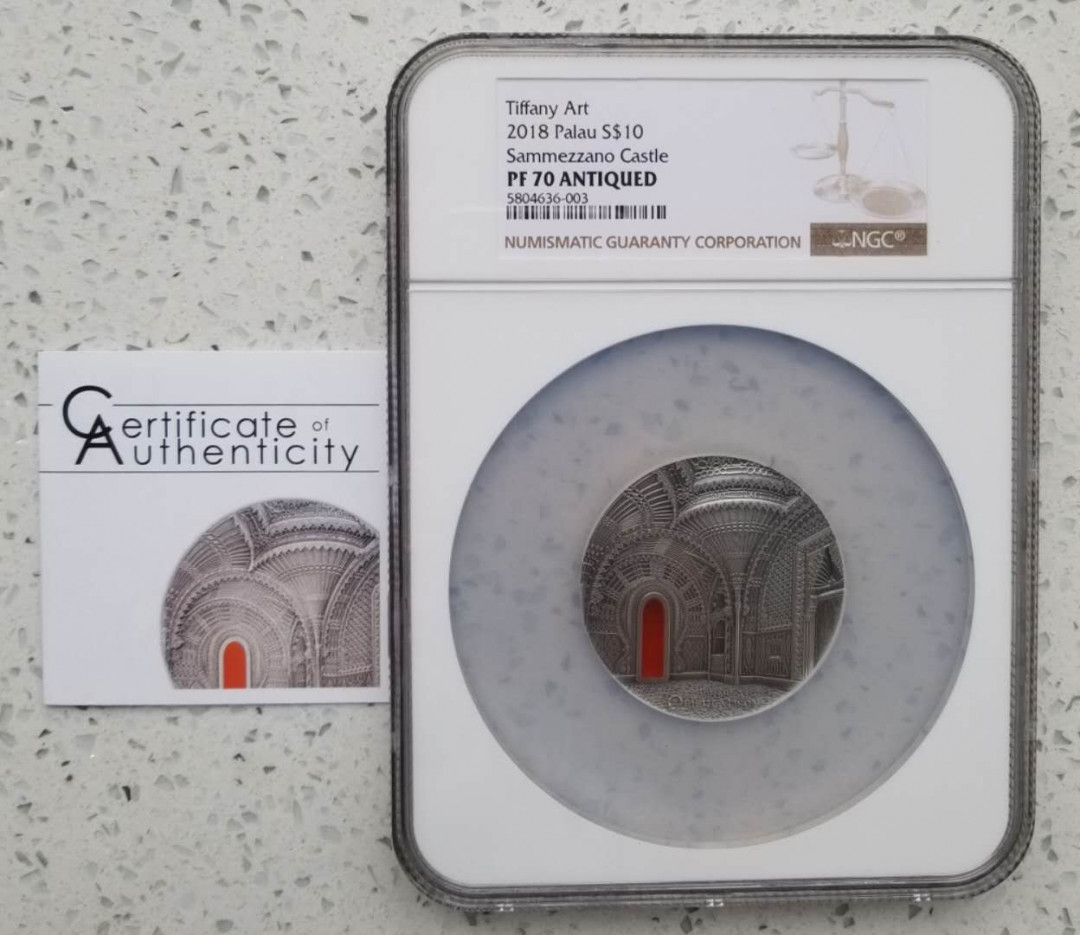 【随心拍&GetCoins】现代钱币拍卖第五十一期 NGC70-帕劳2018年蒂凡尼艺术2盎司仿古镶嵌银币