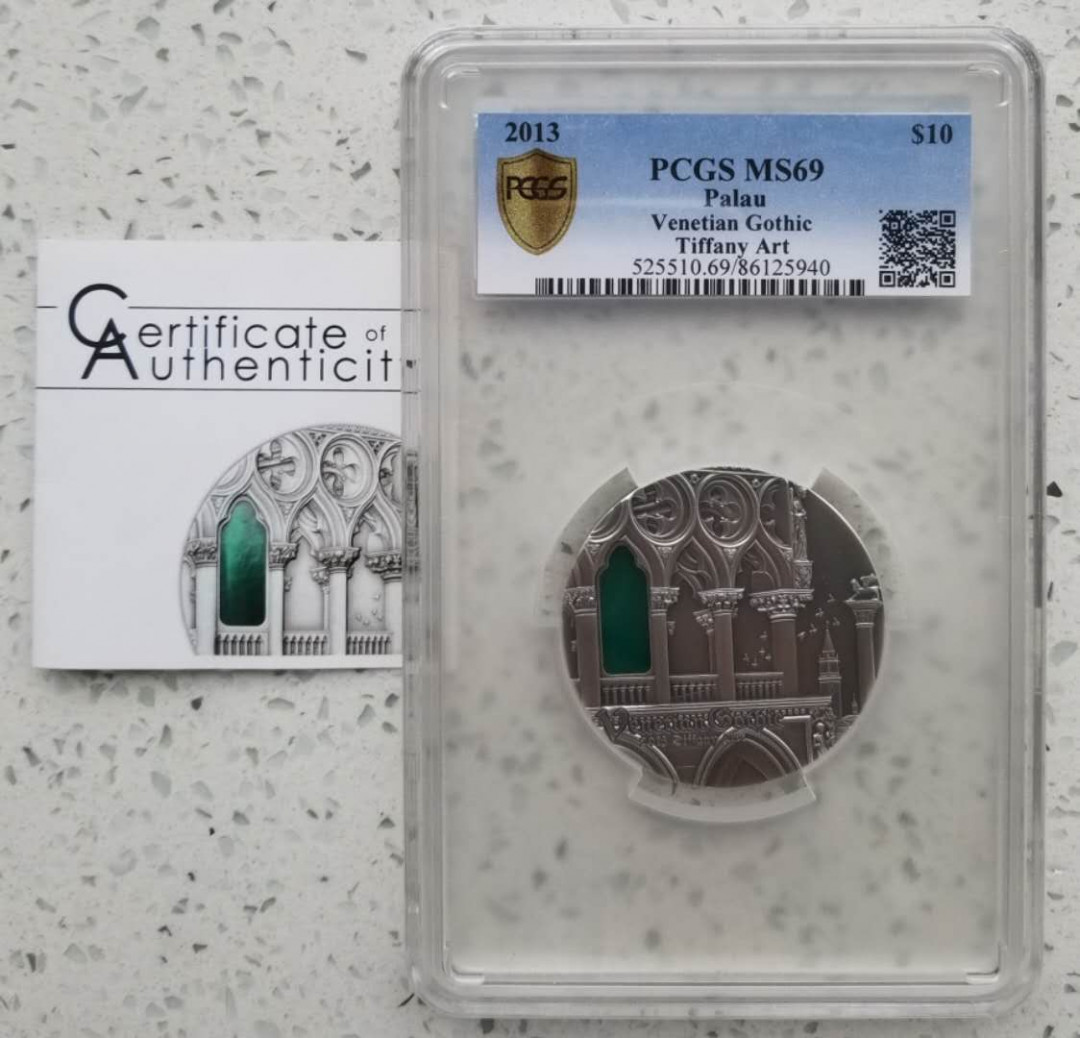 【随心拍&GetCoins】现代钱币拍卖第五十一期 PCGS69-帕劳2013年蒂凡尼艺术银币，本枚主题：威尼斯哥特风格建筑。  面值10元,纯银2盎司,仿古工艺,整体高浮雕结合局部细微处精细雕刻细节
