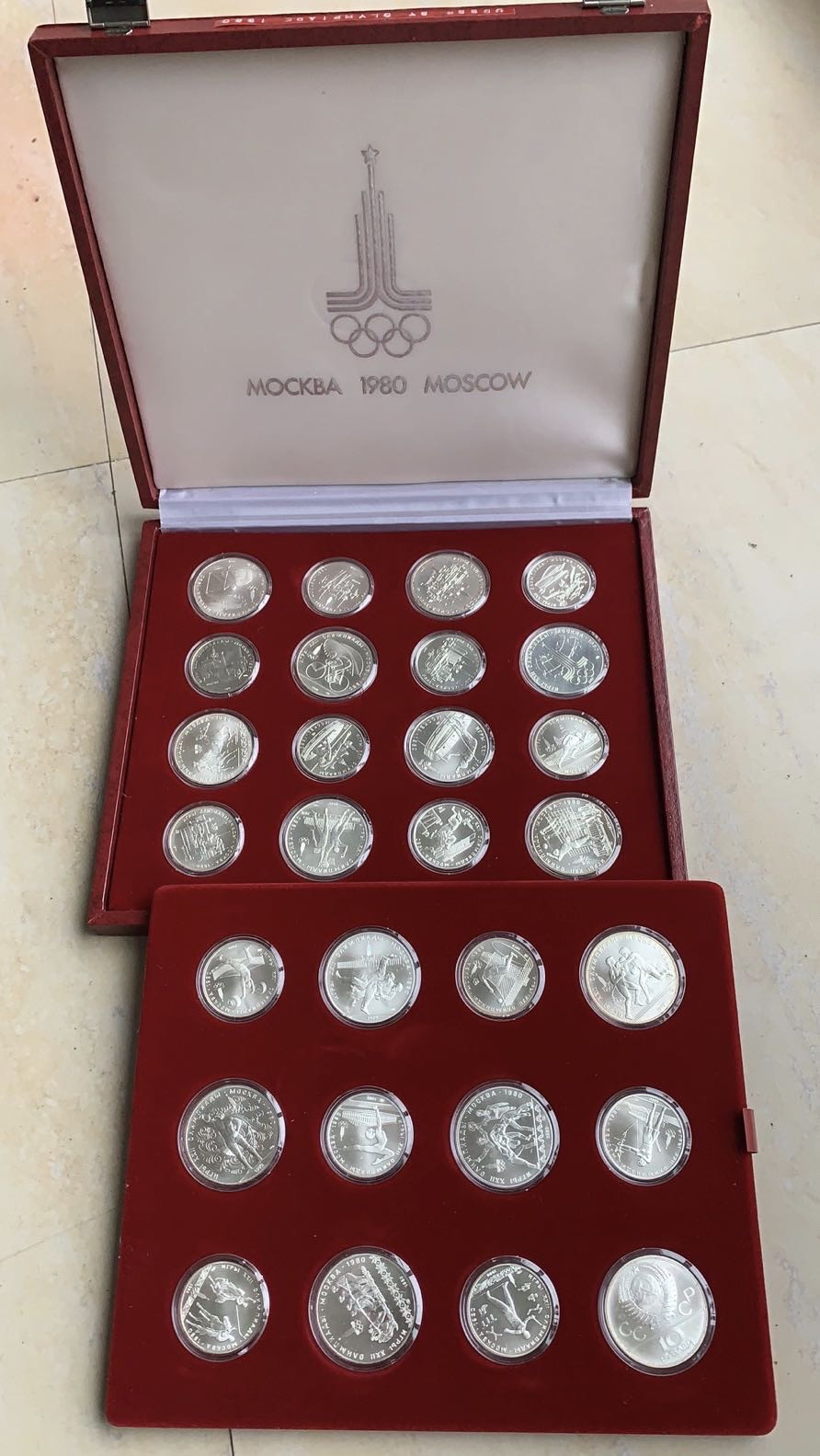 紫瑗钱币—微拍第61期  苏联 1980年 奥运会 大全套 5、10卢布 各14枚 共28枚 共 699.3克 0.9银 带原盒