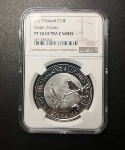【币观天下】107期钱币拍卖 - 【芬兰】2017年芬兰20欧元大乌鸦银币【ngc70】