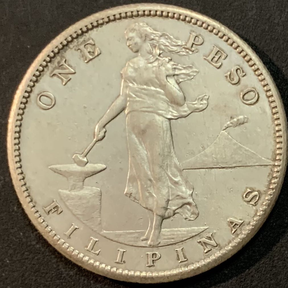 紫瑗钱币—微拍第61期  美属菲律宾 1908年 女神与火山 1比索 20克 0.8银