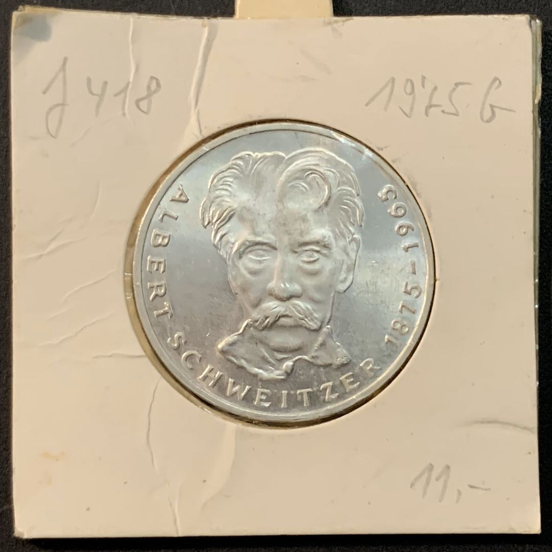 紫瑗钱币—微拍第61期  德国 1975年 G厂 施韦泽诞辰100周年 5马克 11.2克 0.625银