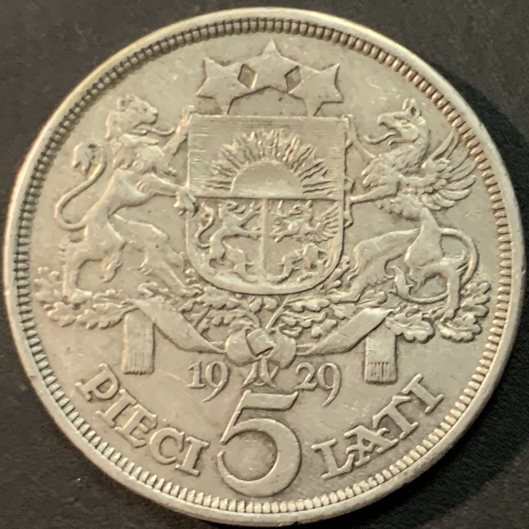 紫瑗钱币—微拍第61期  拉脱维亚 1929年 女神 5拉特 25克 0.835银