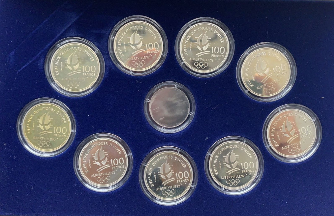 紫瑗钱币—微拍第61期  法国 1992年 阿尔贝维尔冬奥会 10枚全套 共222克 0.9银 精制 原盒证书
