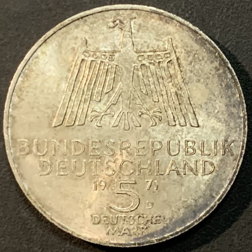 紫瑗钱币—微拍第61期  德国 1971年 D厂  丢勒逝世500周年 5马克 11.2克 0.625银