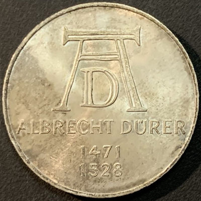 紫瑗钱币—微拍第72期  - 德国 1971年 D厂  丢勒逝世500周年 5马克 11.2克 0.625银