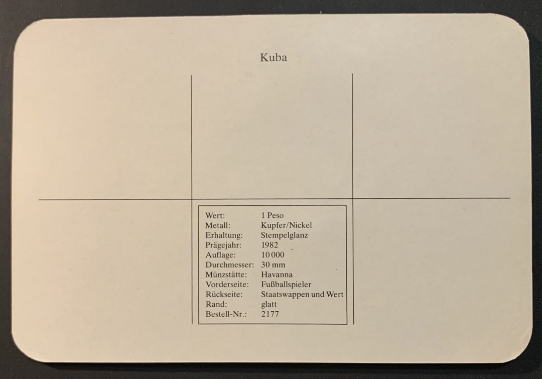 紫瑗钱币—微拍第61期  古巴 1982年 西拔牙世界杯 1比索 镍币 德国原装卡
