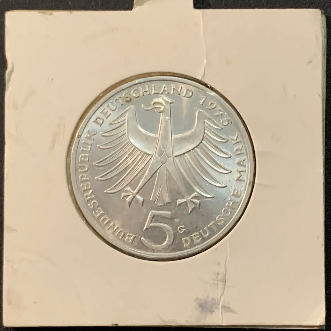 紫瑗钱币—微拍第61期  德国 1975年 G厂 施韦泽诞辰100周年 5马克 11.2克 0.625银