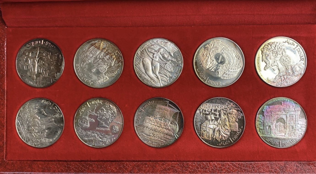 紫瑗钱币—微拍第61期  突尼斯 1969年 迦太基文明 全套10枚 大银币 共200克 0.925银 原盒证书 