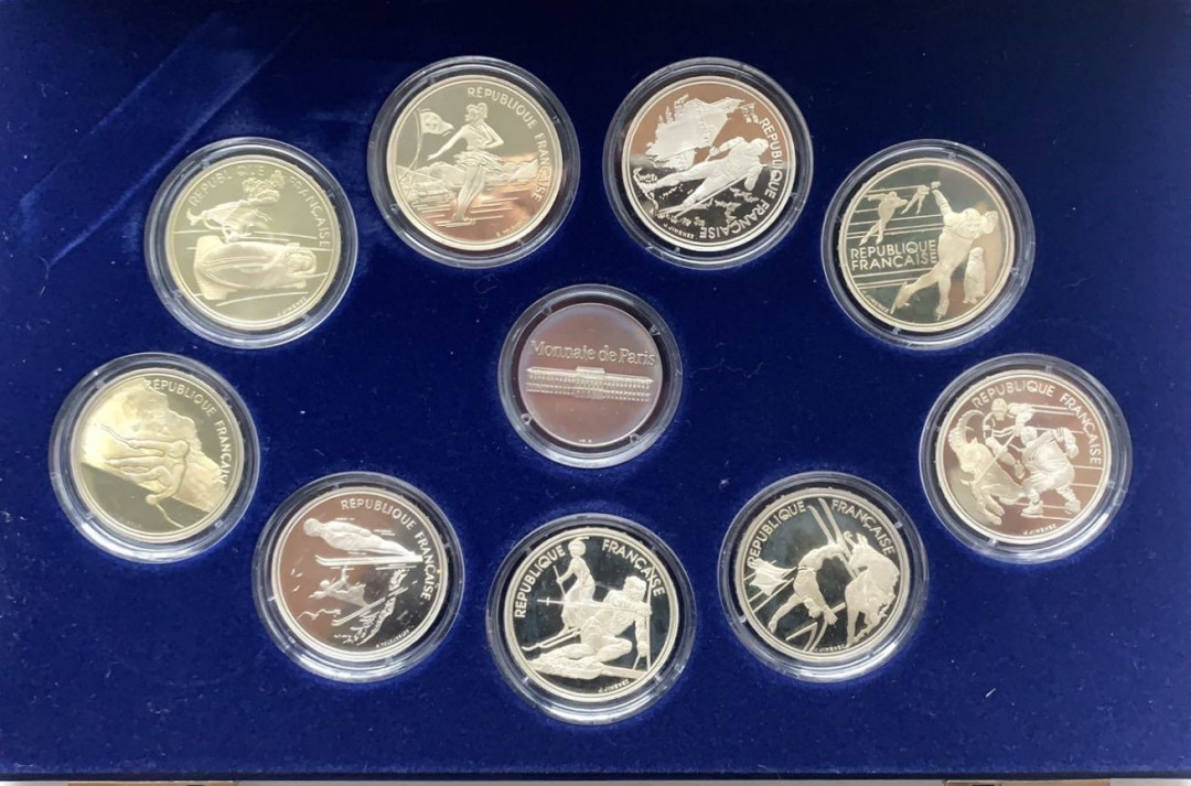 紫瑗钱币—微拍第61期  法国 1992年 阿尔贝维尔冬奥会 10枚全套 共222克 0.9银 精制 原盒证书