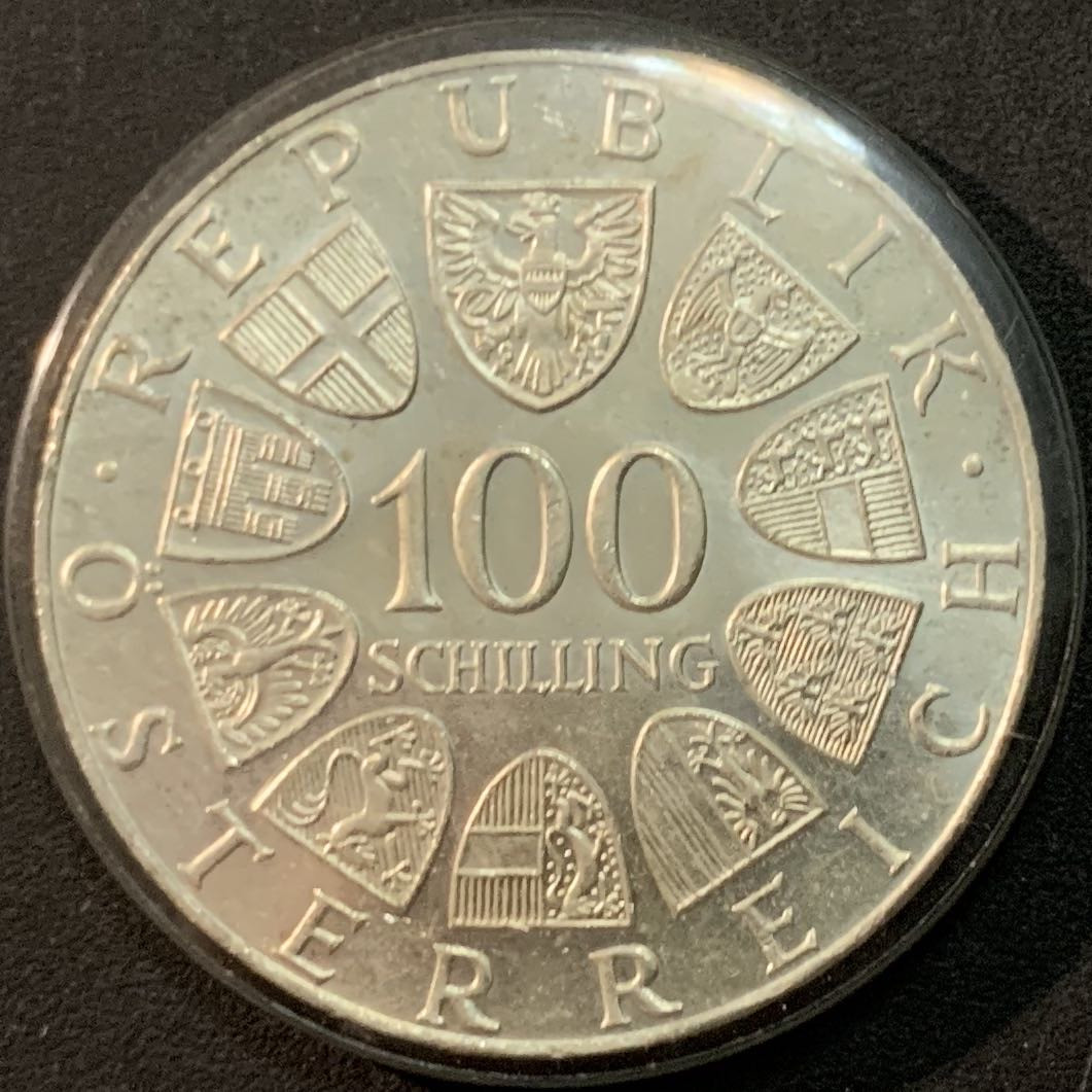 紫瑗钱币—微拍第61期  奥地利 1976年 因斯布鲁克冬奥运 会徽 100先令 24克 0.64银