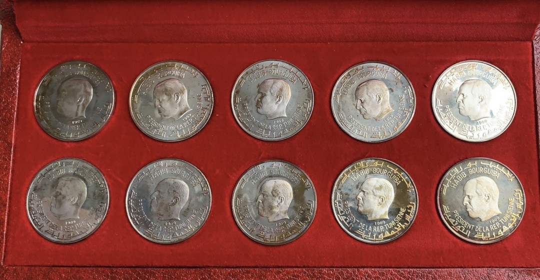 紫瑗钱币—微拍第61期  突尼斯 1969年 迦太基文明 全套10枚 大银币 共200克 0.925银 原盒证书 