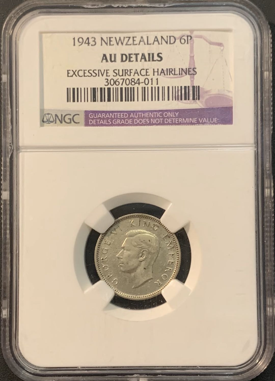 紫瑗钱币—微拍第61期  新西兰 1943年 乔治六世 6便士 NGC AU DETAIL