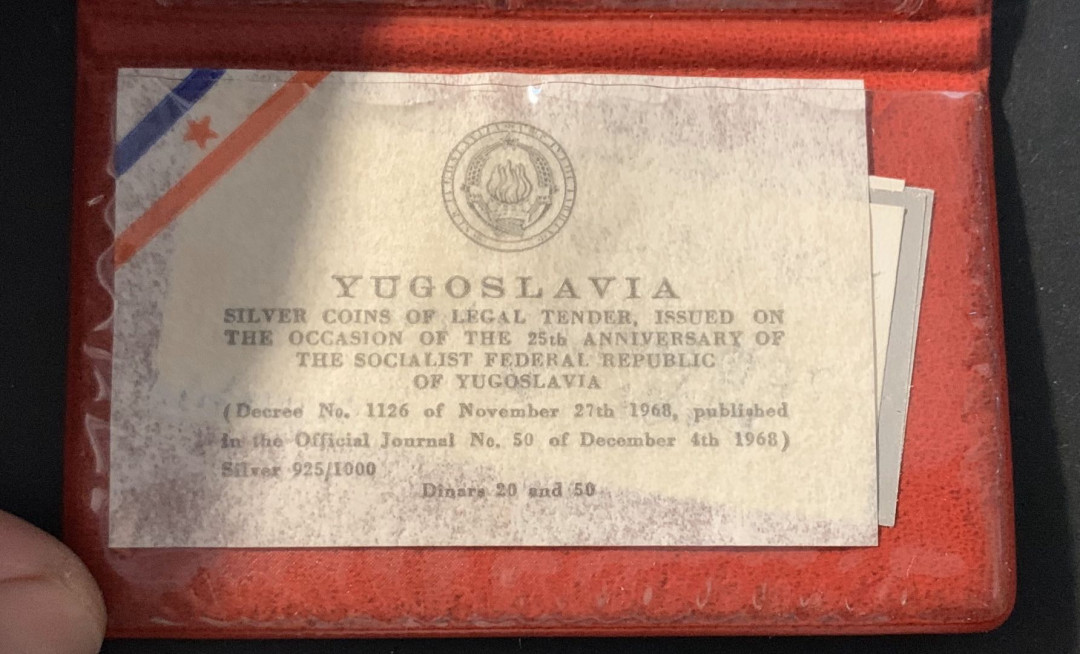 紫瑗钱币—微拍第62期  南斯拉夫 1968年 共和国成立25周年 20 50第纳尔 共29克 0.925银 精制 大钱包 PS-3