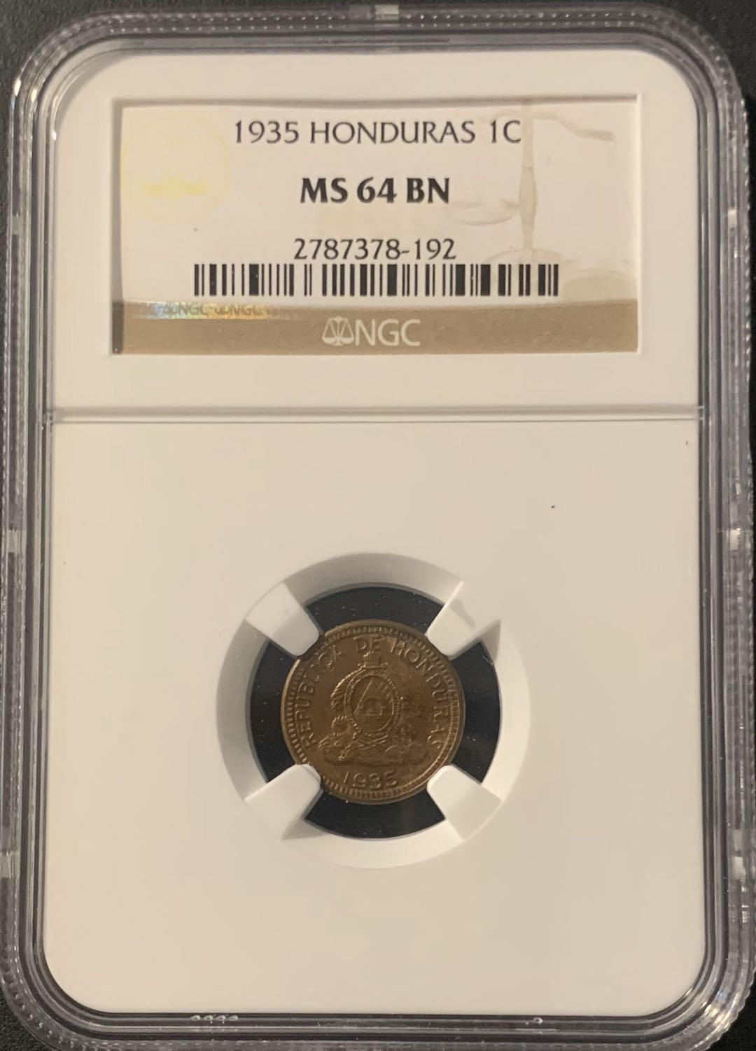 紫瑗钱币—微拍第62期  洪恩拉斯 1935年 1分 NGC MS64 BN