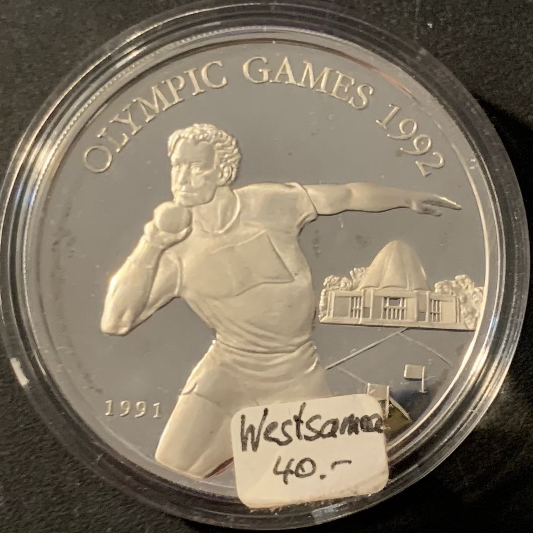 紫瑗钱币—微拍第62期  萨摩亚 1991年  92巴塞罗那奥运会 铅球 10元 31.47克 0.925银 精制