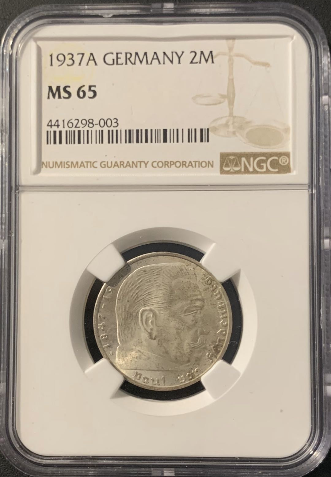紫瑗钱币—微拍第62期  德国 1937年 A版  兴登堡 2马克 NGC MS65