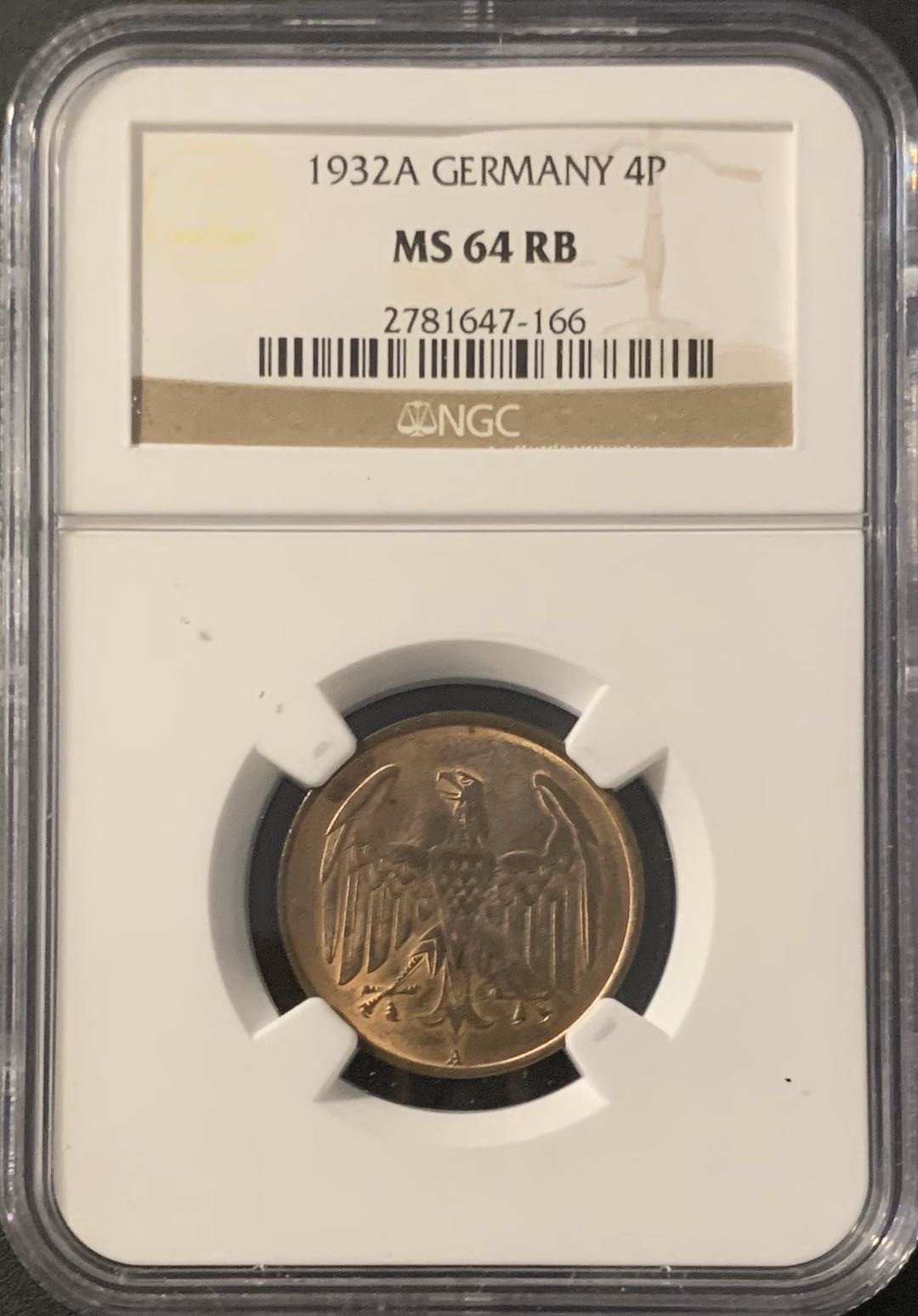 紫瑗钱币—微拍第62期  德国 1932年 4芬妮 NGC MS64 RB