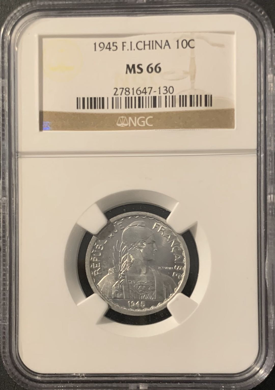 紫瑗钱币—微拍第62期  法属印度支那 1945年 女神 10分 NGC MS66