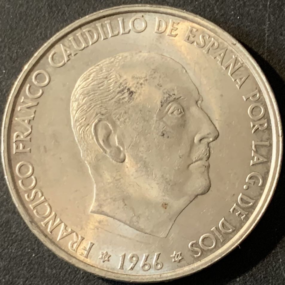 紫瑗钱币—微拍第62期  西班牙 1966年 佛朗哥 100比塞塔  19克 0.9银 UNC