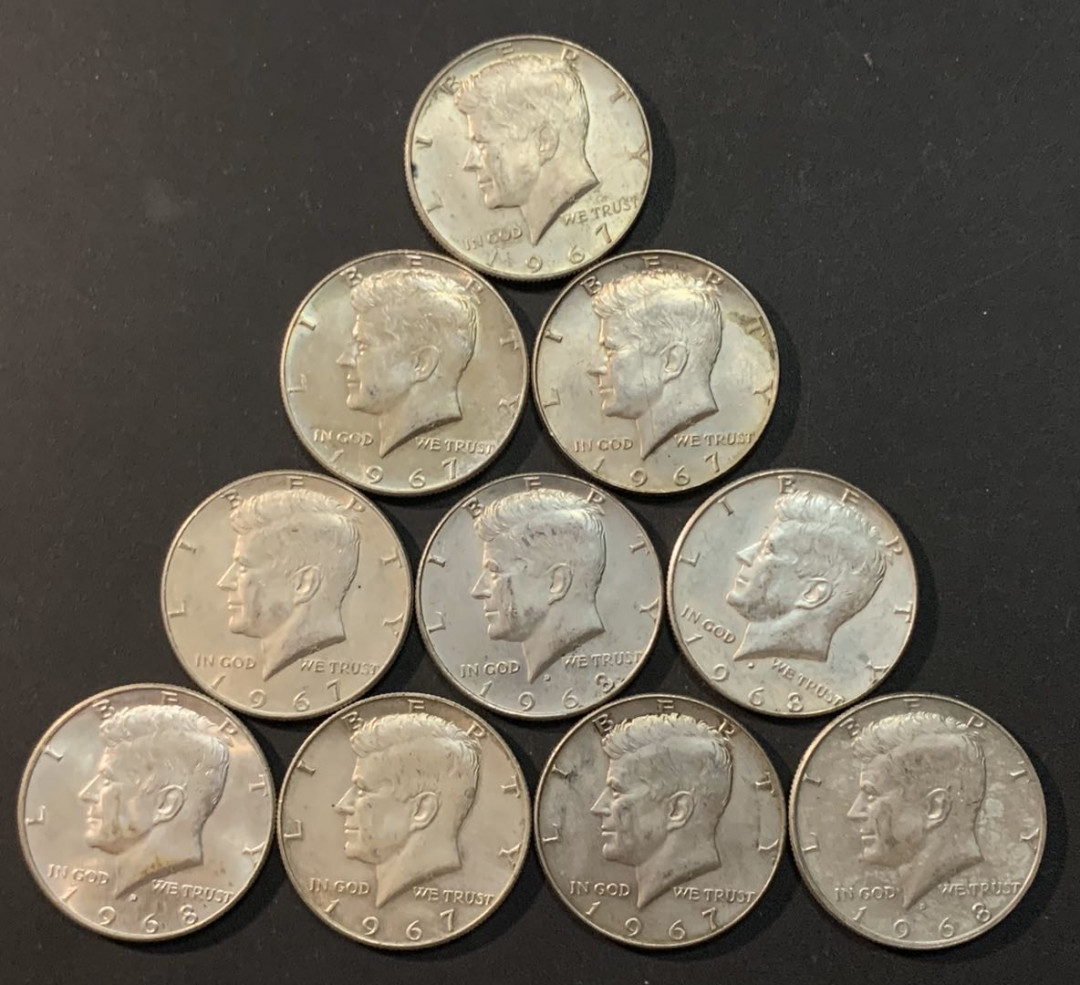 紫瑗钱币—微拍第62期  美国 1965—1970年 肯尼迪 50美分 10枚一组 共115克 0.4银