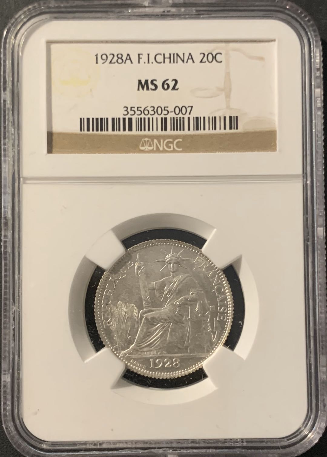 紫瑗钱币—微拍第62期  法属印度支那 1928年 坐洋 20分 NGC MS62
