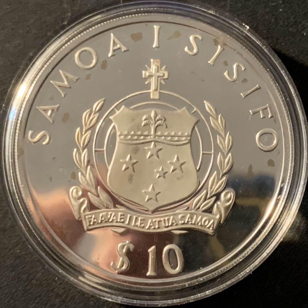 紫瑗钱币—微拍第62期  萨摩亚 1991年  92巴塞罗那奥运会 铅球 10元 31.47克 0.925银 精制