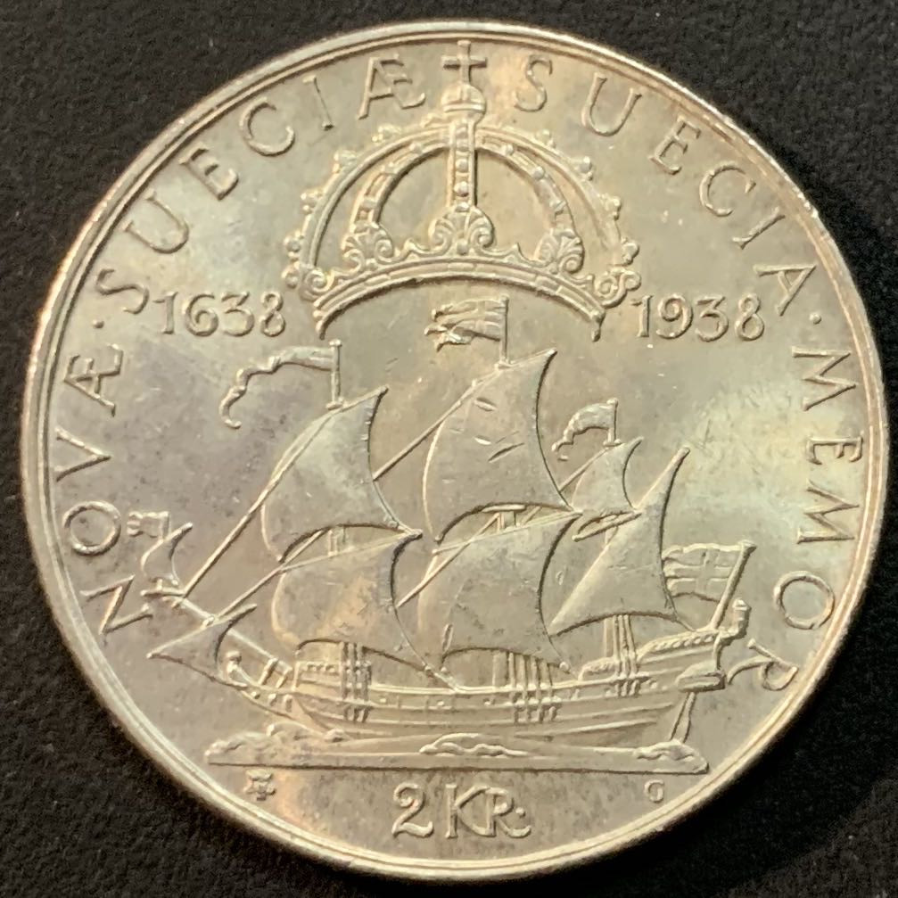 紫瑗钱币—微拍第62期  瑞典 1938年 特拉华定居点300周年 2克朗 15克 0.8银