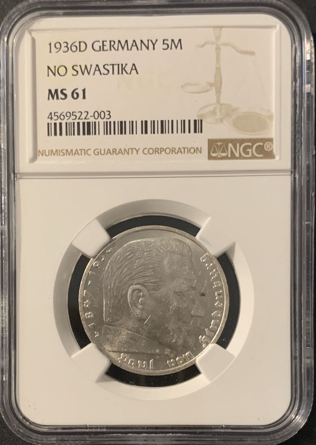 紫瑗钱币—微拍第62期  德国 1936年 D版 兴登堡 5马克 NGC MS61