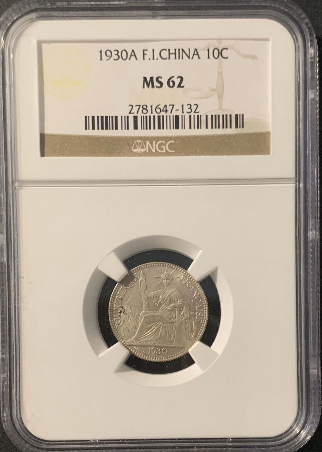 紫瑗钱币—微拍第62期  法属印度支那 1930年 坐洋 10分 NGC MS62