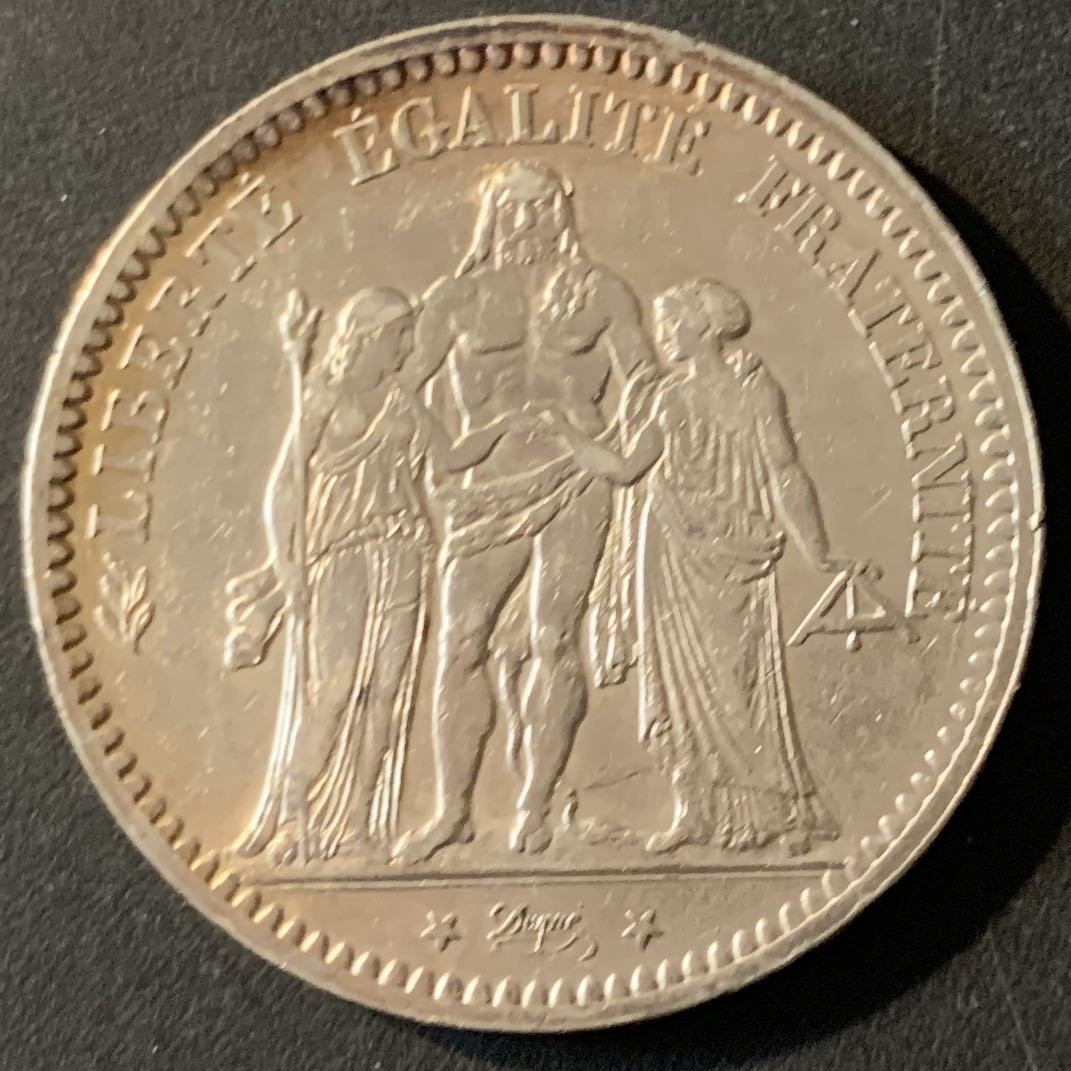 紫瑗钱币—微拍第62期  法国 1873年 A版 大力神 5法郎 银币 25克 0.9银 AU品质