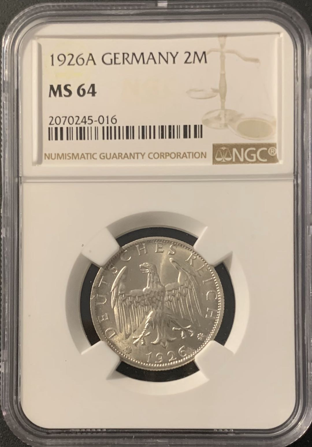 紫瑗钱币—微拍第62期  德国 1926年 2马克 银币 NGC MS64