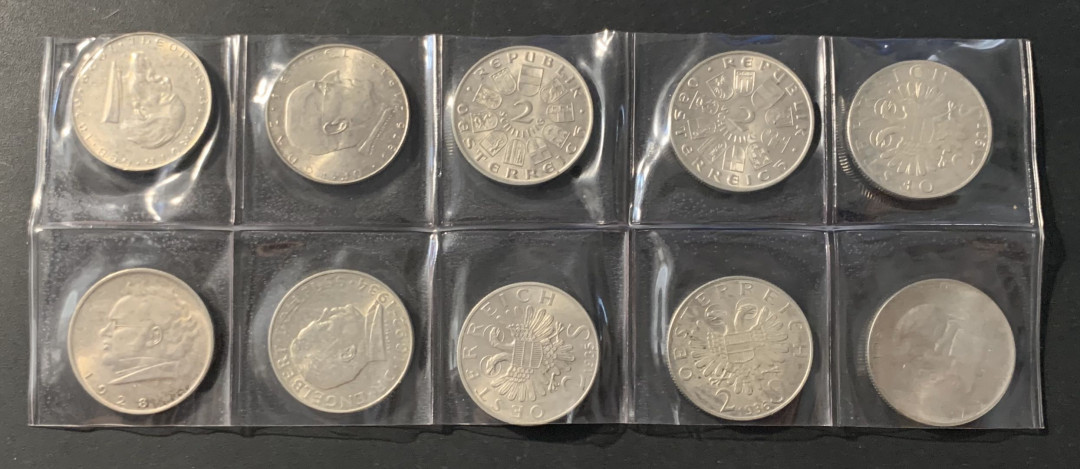 紫瑗钱币—微拍第62期  奥地利 1928-1937年 2先令 纪念银币 10枚全套  共120克 0.64银