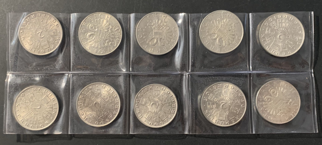 紫瑗钱币—微拍第62期  奥地利 1928-1937年 2先令 纪念银币 10枚全套  共120克 0.64银