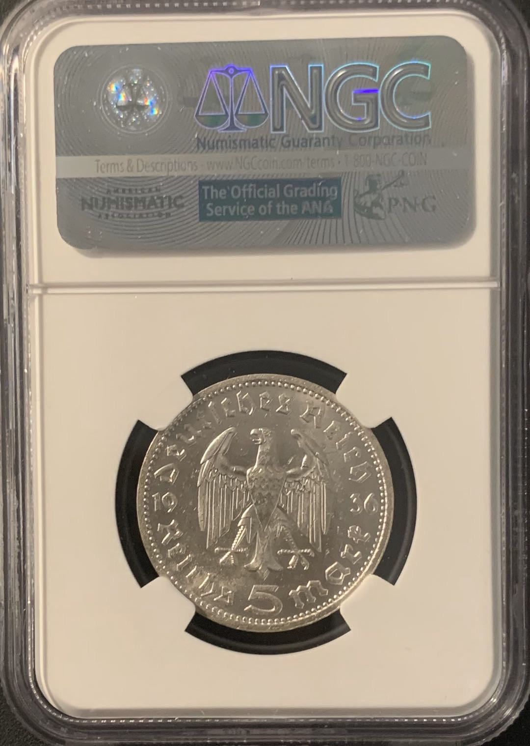 紫瑗钱币—微拍第62期  德国 1936年 D版 兴登堡 5马克 NGC MS61