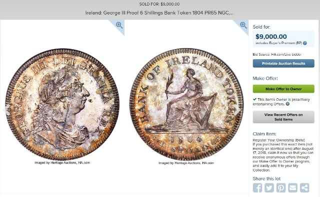 凡希社世界钱币微拍第一百二十期精品专场 罕！1804爱尔兰竖琴6先令精铸大银NGC-PF64CAMEO附SOHO原厂铜盒！