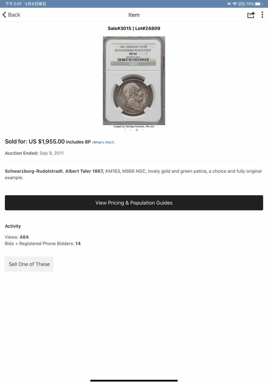 凡希社世界钱币微拍第一百二十期精品专场 稀！1867德国施瓦茨堡泰勒PCGS-MS66绝品！