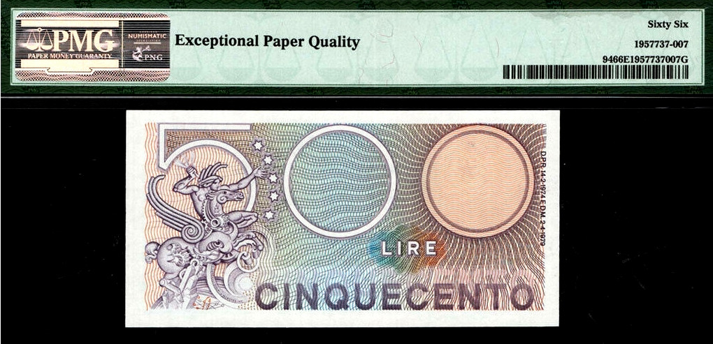 【收藏联盟】第139期拍卖——拼花马赛克（共50拍） 意大利 1974-79年 500里拉 墨丘利 PMG66EPQ 漂亮 p94
