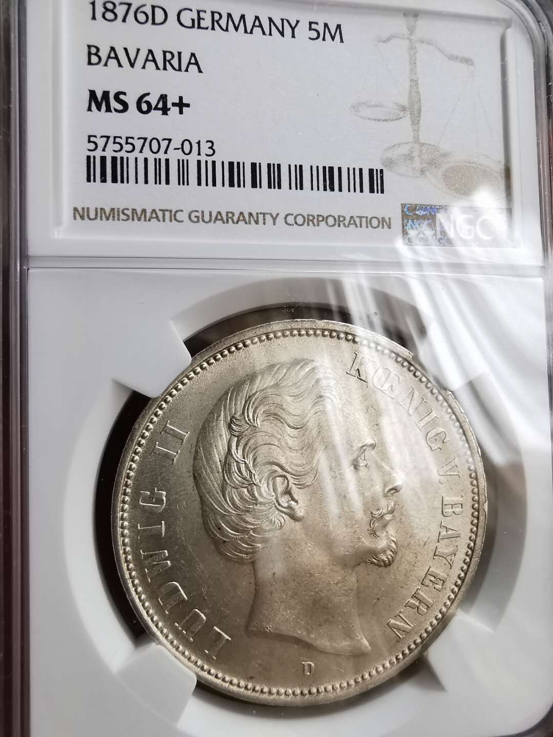 凡希社世界钱币微拍第一百二十期精品专场 稀！1876D巴伐利亚短翅5马克NGC-MS64+顶级品！