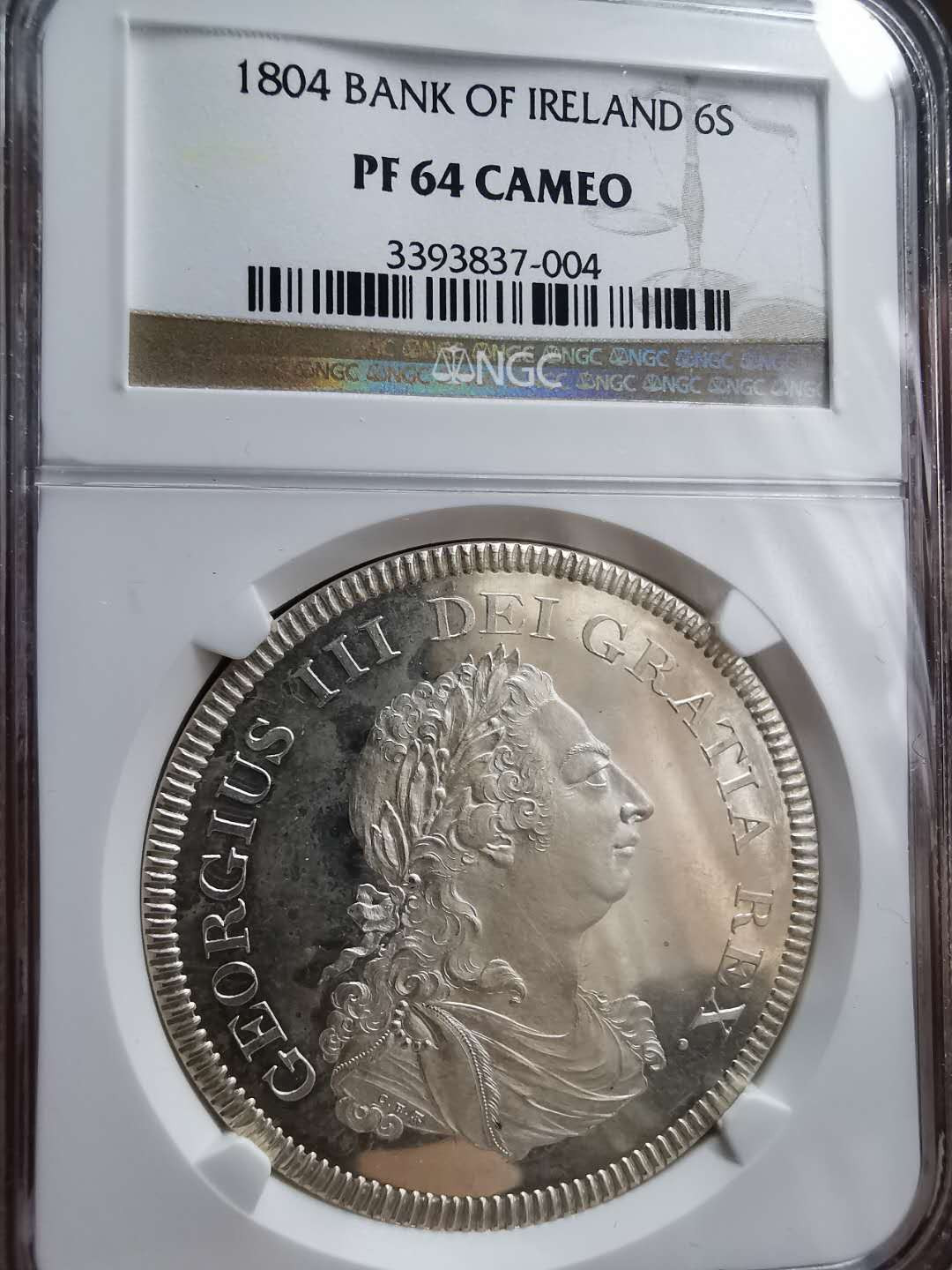 凡希社世界钱币微拍第一百二十期精品专场 罕！1804爱尔兰竖琴6先令精铸大银NGC-PF64CAMEO附SOHO原厂铜盒！
