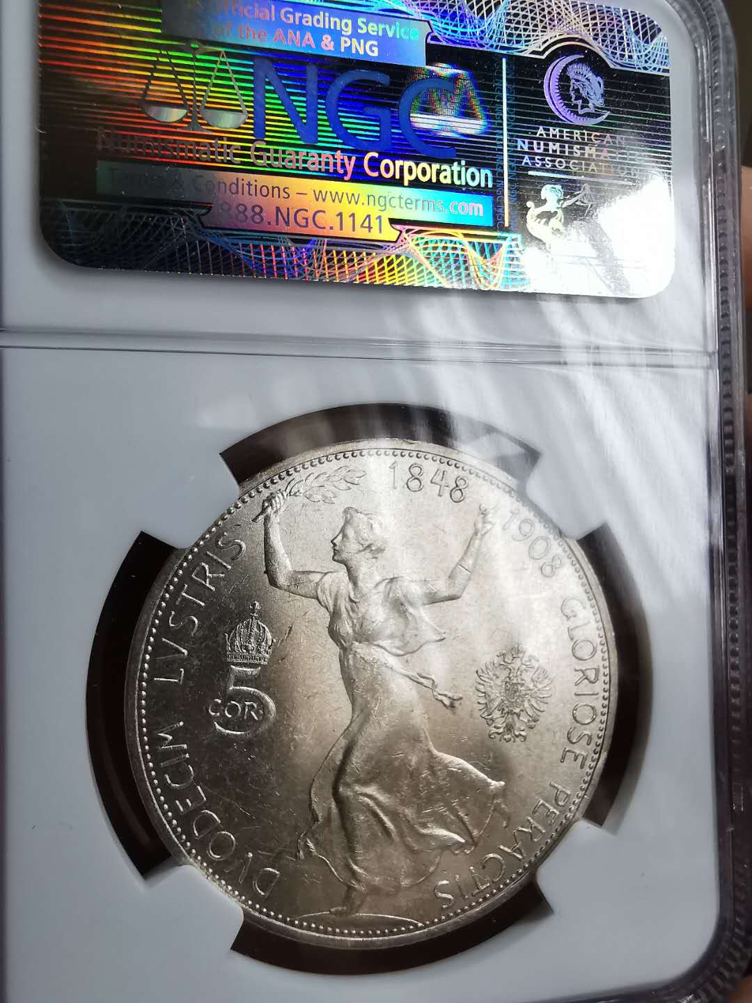 凡希社世界钱币微拍第一百二十期精品专场 1908奥地利弗朗茨加冕六十周年纪念5C大银NGC-MS63