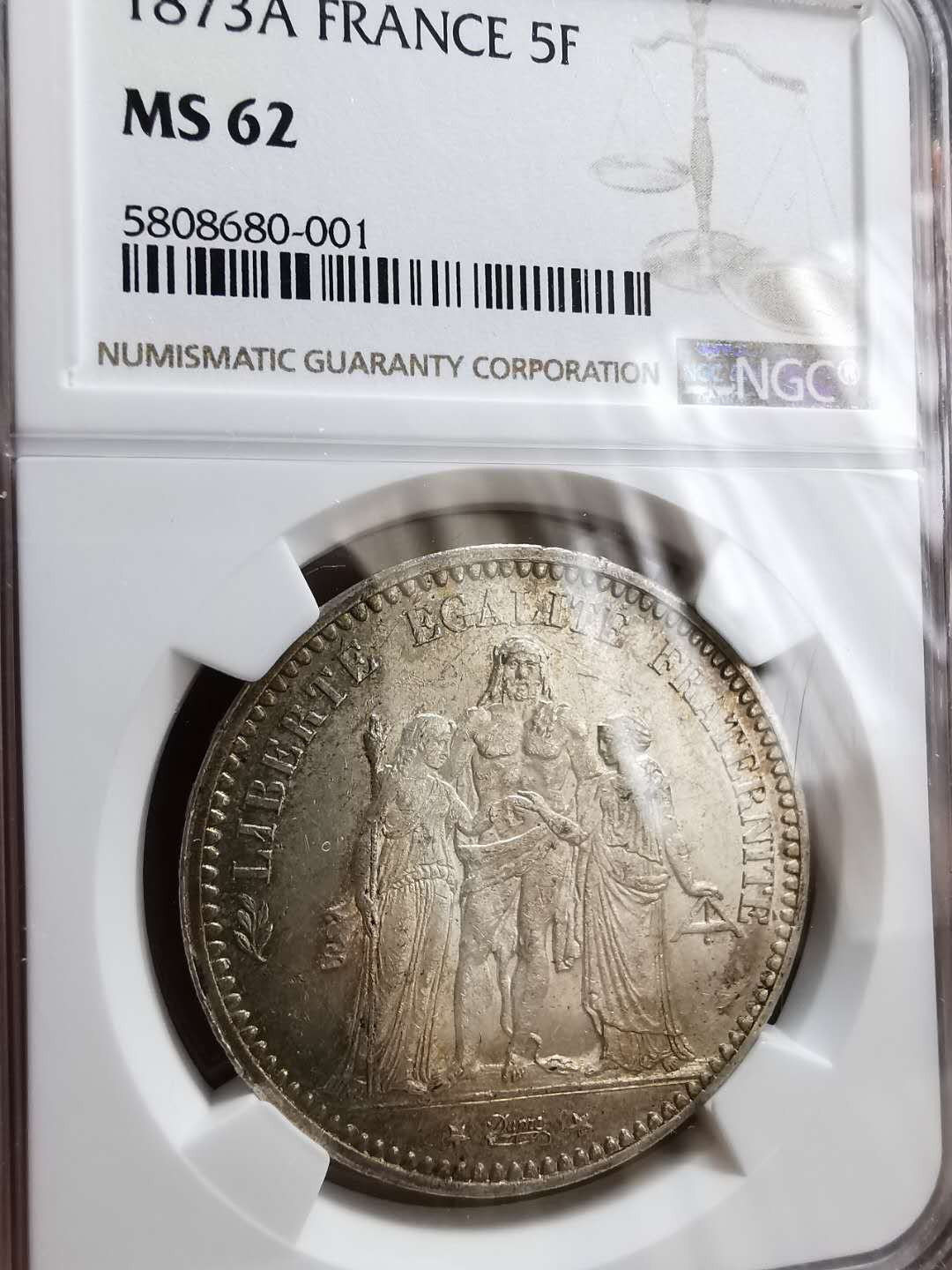凡希社世界钱币微拍第一百二十期精品专场 1873法国大力神5法郎NGC-MS62