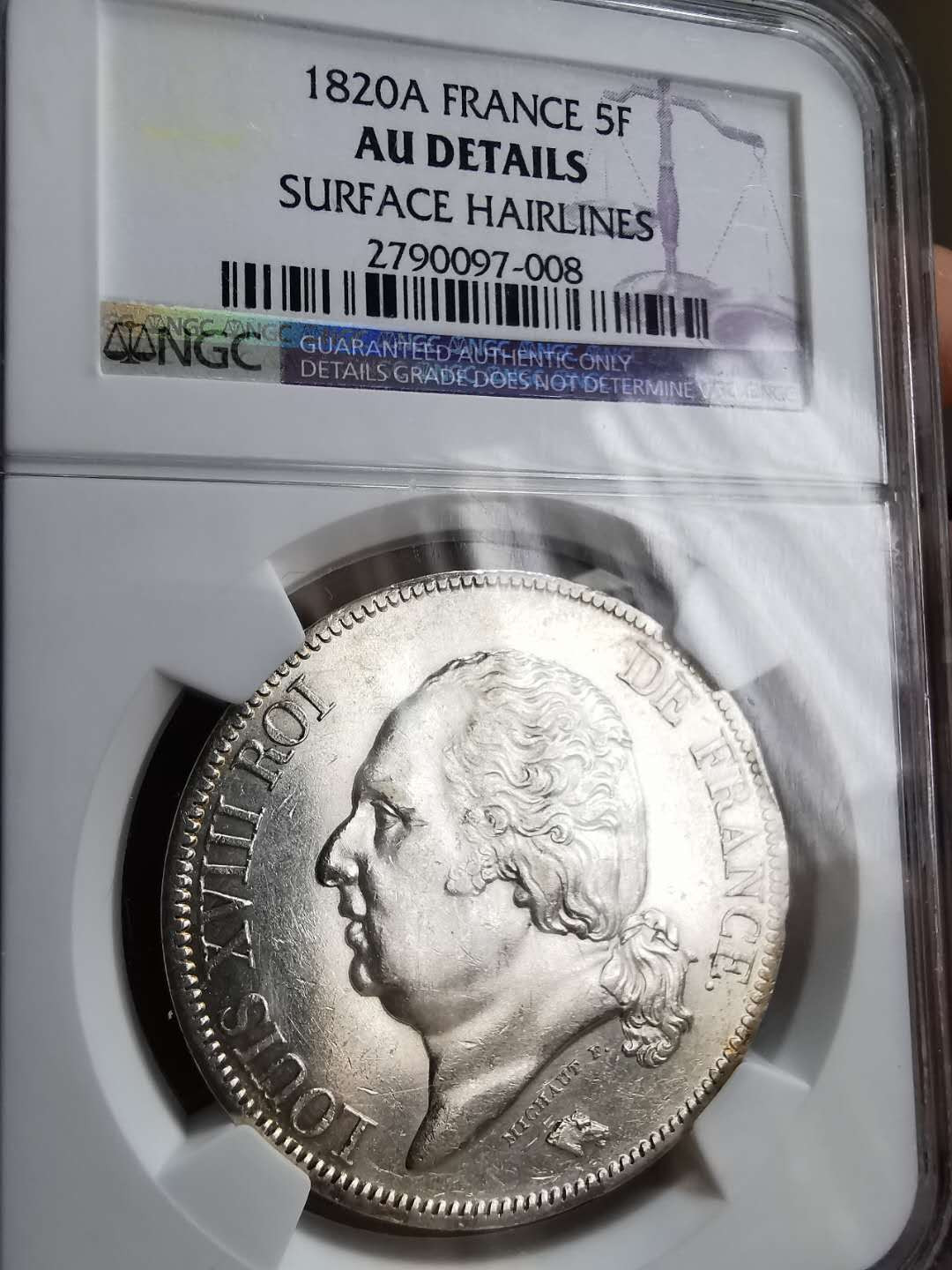 凡希社世界钱币微拍第一百二十期精品专场 1820法国路易十八5法郎NGC-AUD