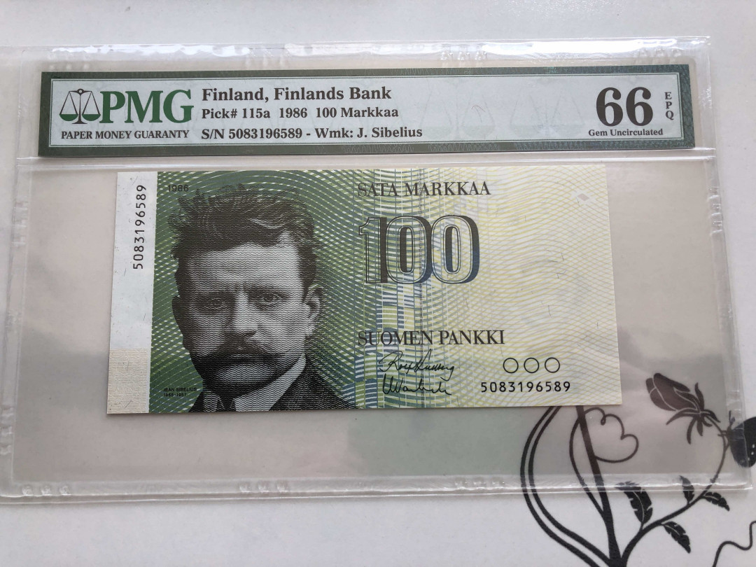 【收藏联盟】第139期拍卖——拼花马赛克（共50拍） 芬兰 1986年 100马克 p115a初版无lit A PMG66EPQ