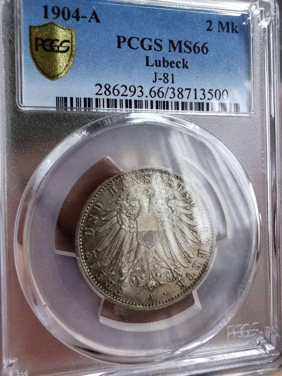 凡希社世界钱币微拍第一百二十期精品专场 稀！1904吕贝克双头鹰2马克PCGS-MS66顶级品！