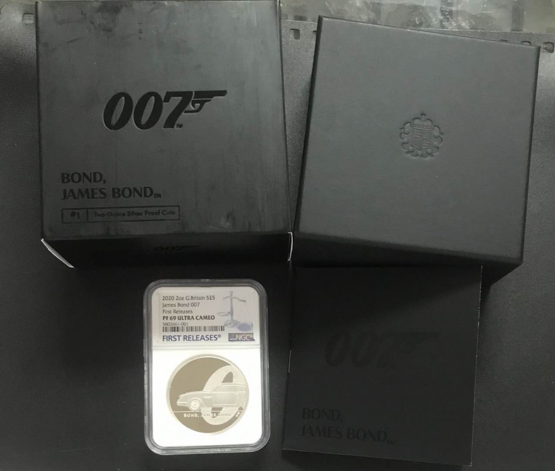 【随心拍&GetCoins】现代钱币拍卖五十二期 英国2020年007詹姆斯邦德系列永远的邦德2盎司银币NGCPF69首期蓝标
