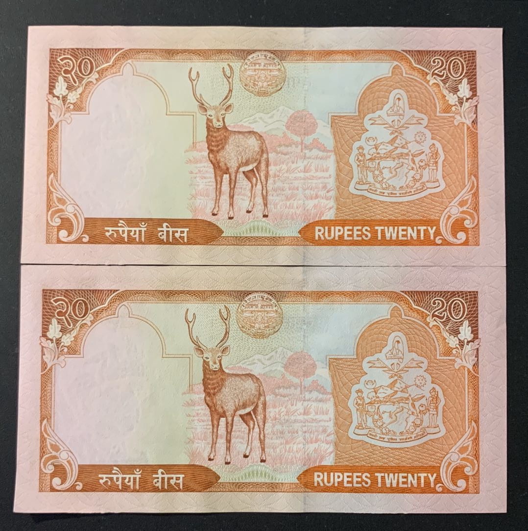 紫瑗钱币—微拍第63期—纸币场  尼泊尔 2002年 20卢比 2枚一组 轻微流通品
