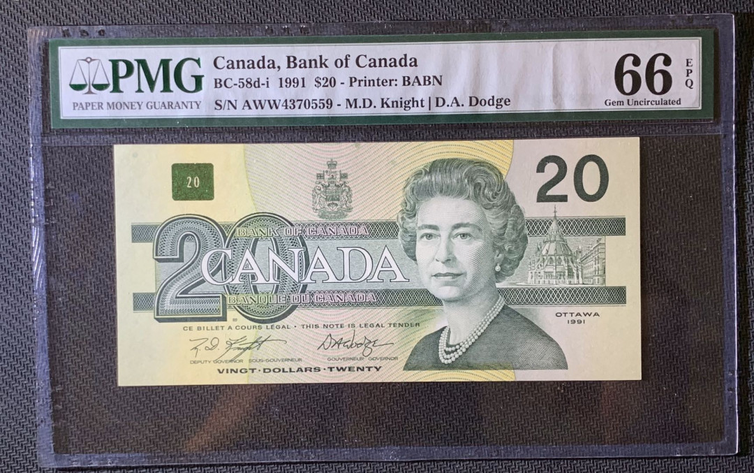 紫瑗钱币—微拍第63期—纸币场  加拿大 1991年 野鸭 20元 PMG 66 EPQ
