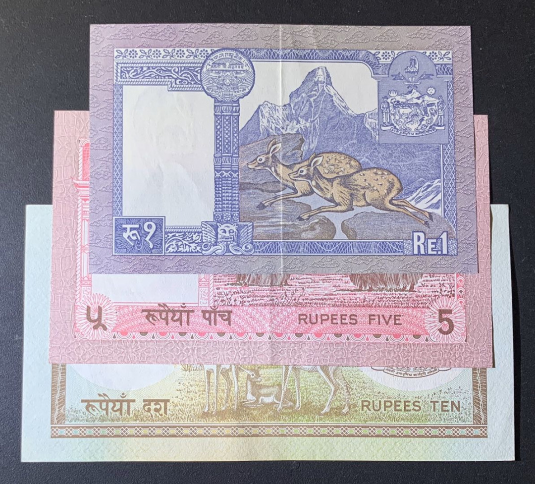紫瑗钱币—微拍第63期—纸币场  尼泊尔 早期 1 5 10卢比 纸质 3枚一组 轻微流通品