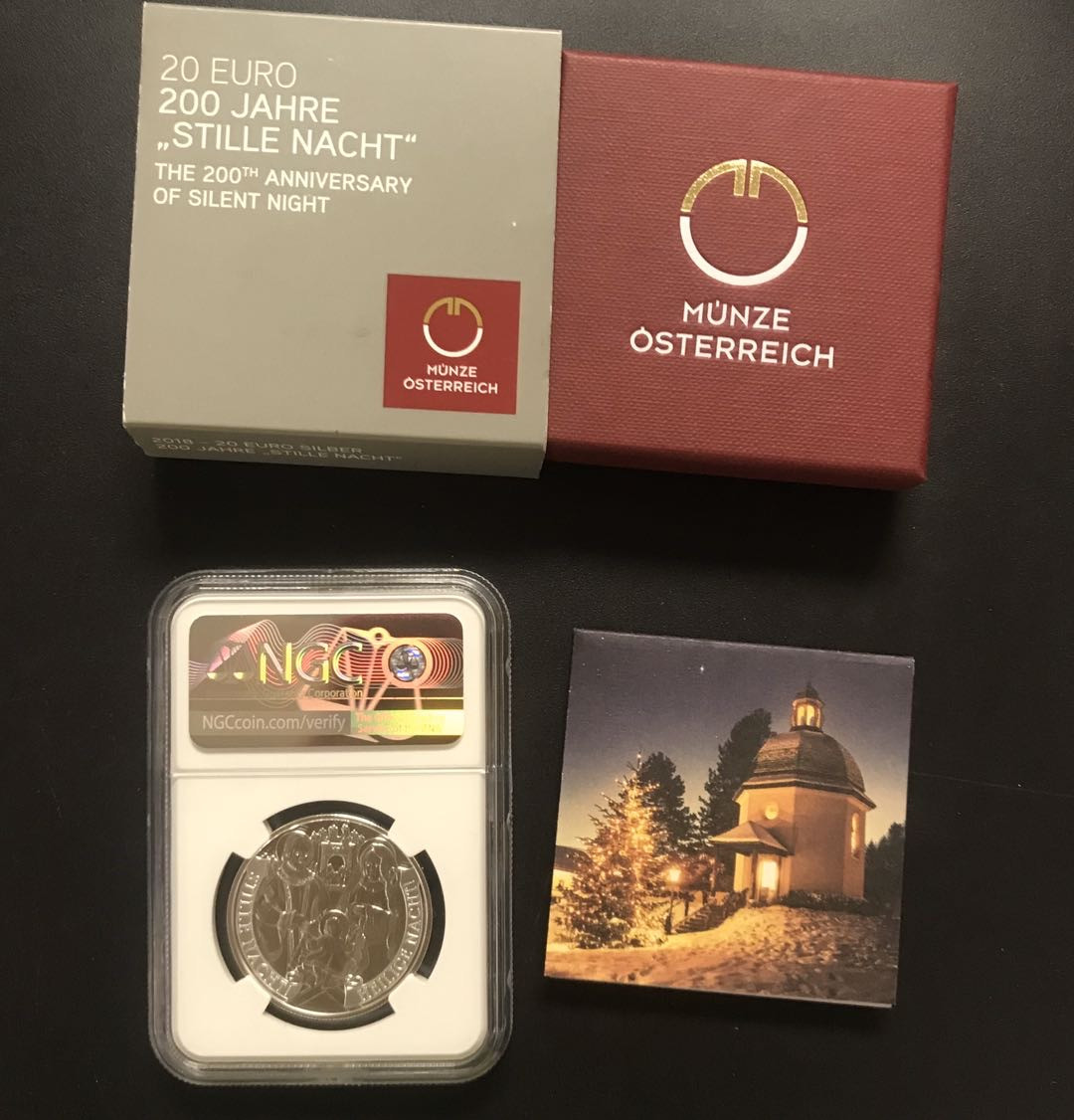 【随心拍&GetCoins】现代钱币拍卖五十二期 奥地利2018年平安夜200周年纪念彩色精制银币NGCPF70首期蓝标